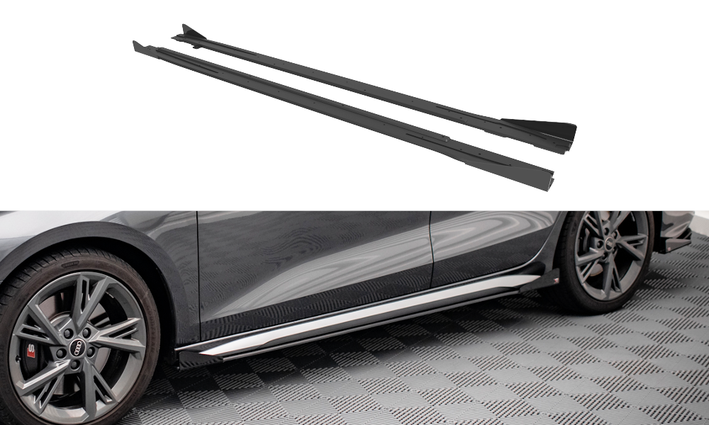Street Pro Seitenschweller Leisten + Flaps V.1 passend für Audi S3 / A3 S-Line 8Y / 8Y FL schwarz Hochglanz
