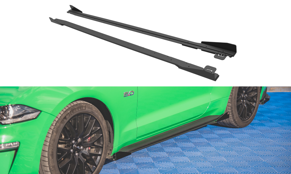 Street Pro Seitenschweller Leisten V.1 + Flaps passend für Ford Mustang GT Mk6 FL schwarz Hochglanz