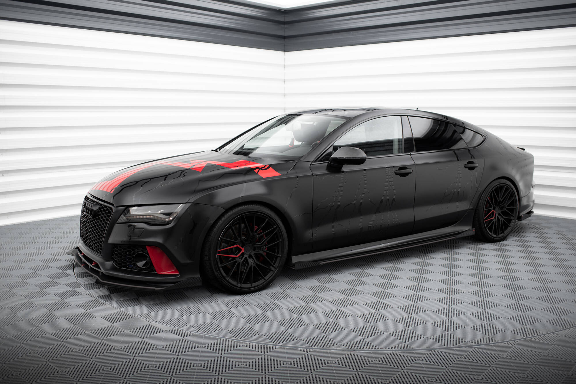 Street Pro Seitenschweller Leisten + Flaps passend für Audi A7 S-Line C7 rot+ Hochglanz Flaps