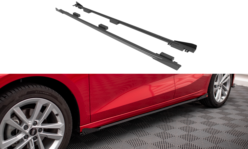 Street Pro Seitenschweller Leisten + Flaps passend für Audi A3 8Y schwarz Hochglanz